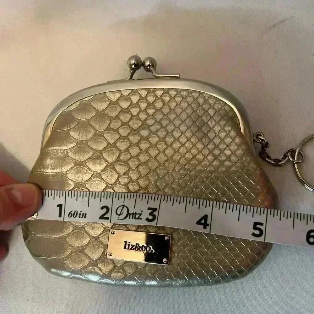 Vintage LIZ CLAIBORNE Gold Silver Textured Coin Change Purse Wallet keychain - Picture 7 of 7